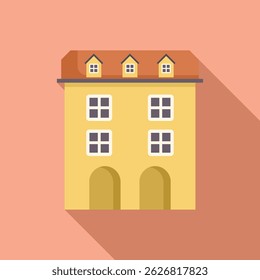 Ilustración con un edificio de fachada amarilla con techo abuhardillado y arcos