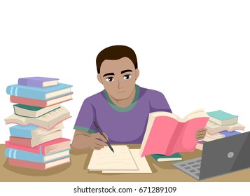 Illustration Featuring a Young Black Teenage Guy Sitting Beside a Pile of Books Reviewing His Notes