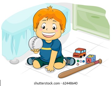 Illustration Featuring a Young Boy Playing with His Toys - Vector