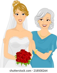 Illustration Featuring a Young Bride and Her Mom