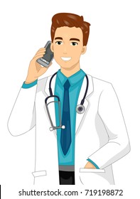 Illustration Featuring a Young Doctor in a Laboratory Coat Talking to Someone on His Phone