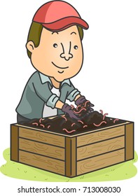 Illustration Featuring a Young Gardener Introducing Earthworms to a Box of Soil to Create Vermicompost