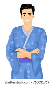 Illustration Featuring a Young Man in a Blue Kimono Flashing a Wide Smile