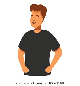 Illustration featuring a young man with brown hair wearing a black t shirt, standing confidently with his hands on his hips and a cheerful smile on his face