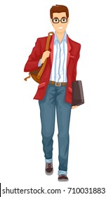 Illustration Featuring A Young Man In Glasses And Preppy Clothes Walking On His Way To School