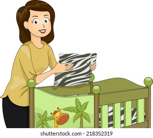 Ilustración de una joven madre arreglando una cuna con un tema de safari