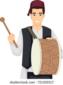 Illustration Featuring a Young Muslim Man Beating a Drum to Wake People Up for the Traditional Ramadan Breakfast