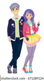 Illustration Featuring a Young Teenage Couple Wearing Colorful Clothing Inspired by Korean Pop Culture