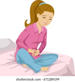 Illustration Featuring a Young Teenage Girl Doubled Over in Pain Because of Abdominal Cramps