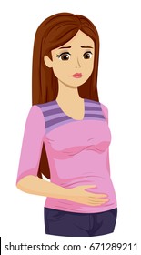 Illustration Featuring A Young Teenage Girl Looking Upset While Rubbing Her Bloated Tummy