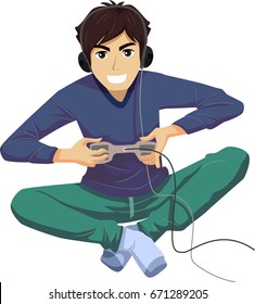 Illustration Featuring a Young Teenage Guy Pressing Hard on the Buttons of His Video Game Controller as He Plays