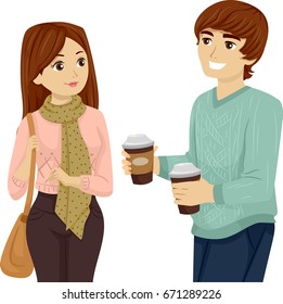 Illustration Featuring a Young Teenage Guy Bringing His Girlfriend a Cup of Coffee