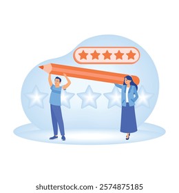 Illustration of feedback and surveys. Both men and women gave five-star feedback ratings. Online Survey concept. Flat vector illustration.