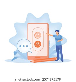 Illustration of feedback and surveys. A man chooses an emoji to show satisfaction ratings on a smartphone. Online Survey concept. Flat vector illustration.