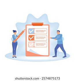 Illustration of feedback and surveys. Men and women fill out a survey form and put a tick on a clipboard. Online Survey concept. Flat vector illustration.