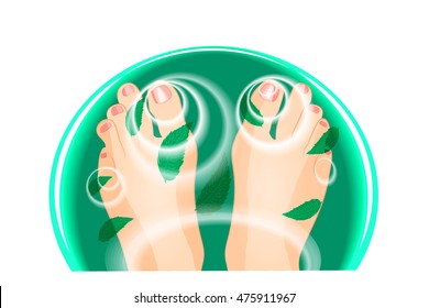 illustration of feet in a bath of water and mint leaves
