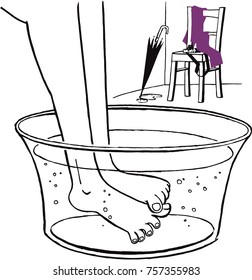 Illustration of feet being warmed up in a foot pan. The pan is filled with warm water. Someone had returned from a rainy walk with a photo camera. Velvet scarf is on a chair.