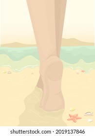 Illustration of the Feet of a Girl Walking Barefoot in the Beach, Grounding
