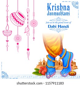 illustration of feet of Lord Krishna in Happy Janmashtami festival background of India