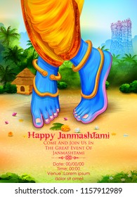 illustration of feet of Lord Krishna in Happy Janmashtami festival background of India