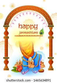 illustration of feet of Lord Krishna in Happy Janmashtami festival background of India