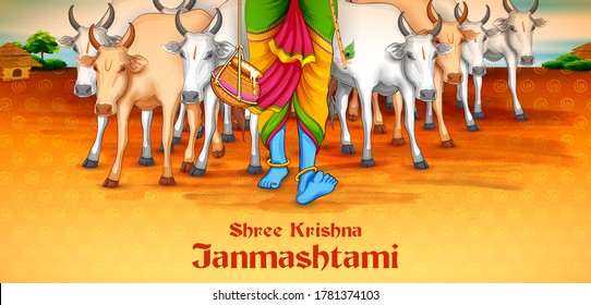 illustration of feet of Lord Krishna in Happy Janmashtami festival background of India