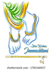 illustration of feet of Lord Krishna in Happy Janmashtami festival background of India