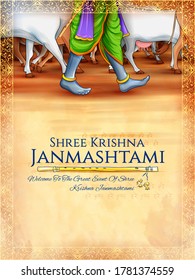 illustration of feet of Lord Krishna in Shri Krishan Janmashtami religious festival background of India with text in Hindi meaning Hare Rama Hare Krishna,  Krishna Krishna Hare Hare