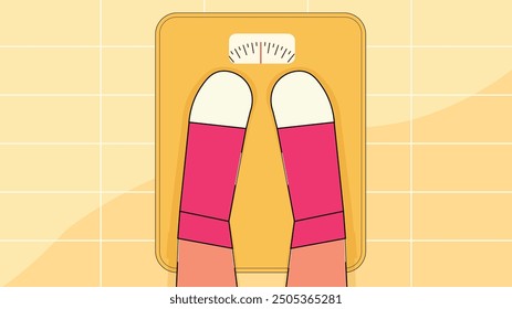 Illustration of feet on a bathroom scale, symbolizing weight management and health monitoring. Concept of fitness and self-care.

