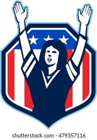 Illustration of a female american football fan with hands raised up viewed from front set inside shield crest with american usa stars and stripes flag in the background done in retro style. 