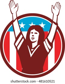Illustration of a female american football fan with hands raised up viewed from front set inside circle with american usa stars and stripes flag in the background done in retro style. 
