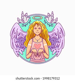 illustration of female angel bring love on her hand and the doves ornament