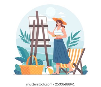 Illustration of female artist painting. Young artist painting concept vector illustration