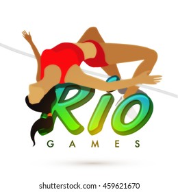 Illustration einer weiblichen Sportlerin in Aktion von High-Jump mit stylischem Text Rio Games auf weißem Hintergrund für das Sportkonzept.