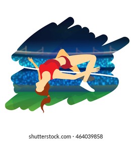 Illustration of a female athlete in action of high jump on stadium background for Sports concept.