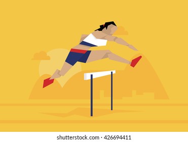 Illustration Of Female Athlete Competing In Hurdles Race
