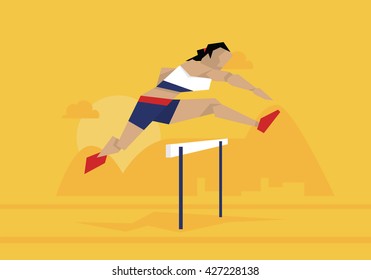 Illustration Of Female Athlete Competing In Hurdles Race
