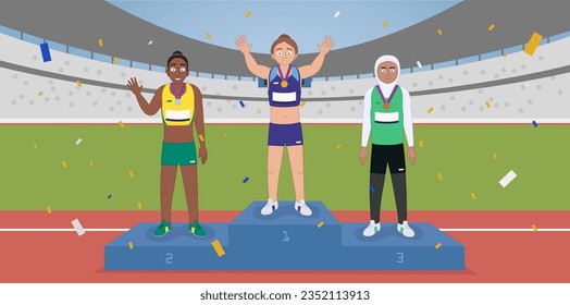 Illustration of female athletes on winners podium in stadium. Gold, silver, bronze winners medal standings celebration. AthleticSpirit.