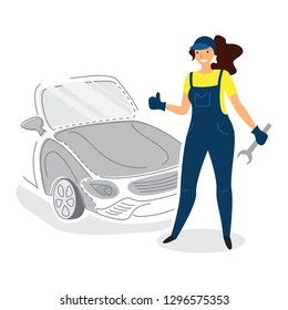 Illustration of a female auto mechanic mechanic in flat style with thumb up