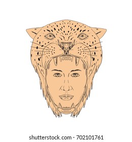 Illustration of a Female Aztec Warrior wearing Jaguar head Headdress viewed from front done in hand drawn sketch Drawing style.