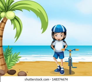 Illustration of a female biker standing at the beach