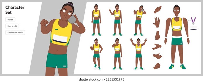 Illustration of female black athlete with medal in a set of multiple poses. Easy to edit with editable line strokes and isolated on white background. Suitable for animation. AthleticSpirit.