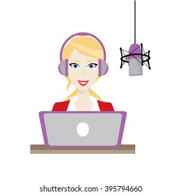 Illustration of a Female blonde Disc Jockey work in radio station