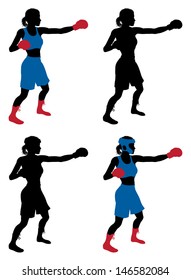 An Illustration Of A Female Boxer Or Boxercise Woman Boxing Or Working Out. Color And Simple Silhouette Outline Versions Included, As Well As Versions With Protective Headwear And Without.