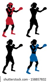 An Illustration Of A Female Boxer Or Boxercise Woman Boxing Or Working Out. Color And Simple Silhouette Outline Versions Included, As Well As Versions With Protective Headwear And Without.