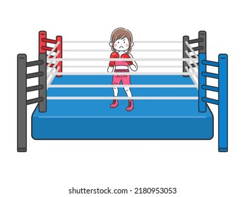 Illustration of a female boxer in a fighting pose on a boxing ring.