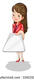 Illustration of a female business icon holding an empty signage on a white background