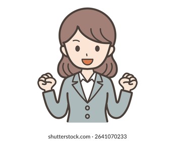 Illustration of a female businessman cheering with both hands raised in a fist pump