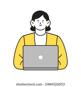 Illustration of a female businessperson with a positive facial expression using a laptop computer.