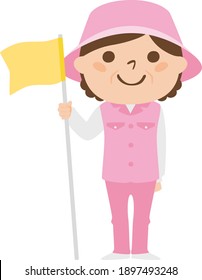 Illustration of a female caddy working on a golf course. A woman holding a golf flag stick.